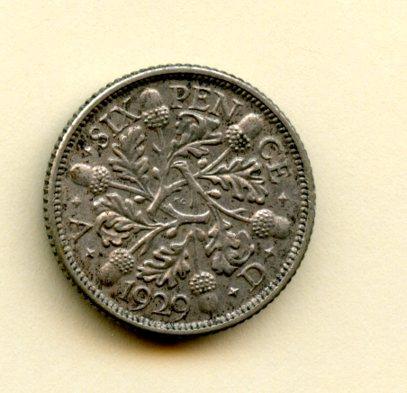 U.K. George V Sixpence Coin Dated 1929