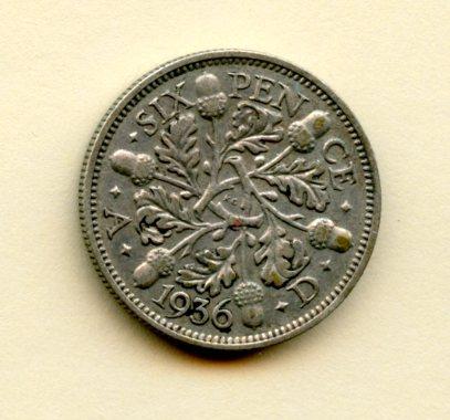 U.K. George V Sixpence Coin Dated 1936