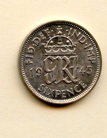 U.K. George VI  Sixpence Coin Dated 1945