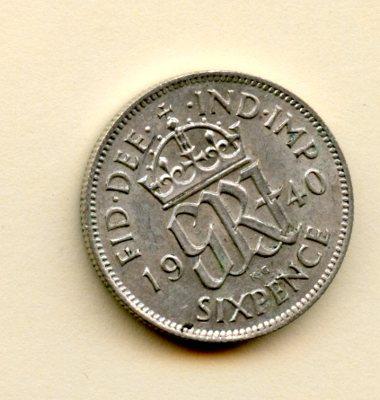 U.K. George VI   Sixpence Coin Dated 1940