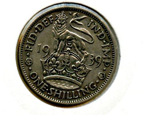 UK George VI Shilling Coin English Obverse Dated 1939