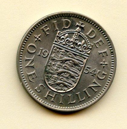 Queen Elizabeth II UK  Shilling Coin Dated 1954 English Reverse