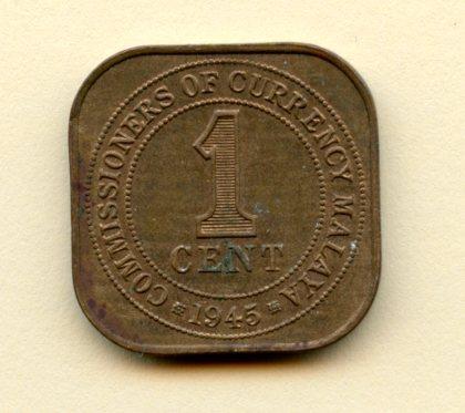 Malaya 1 Cent Coin Dated 1945