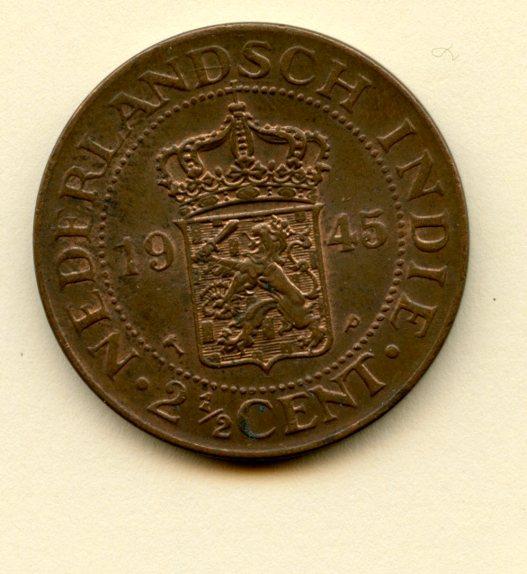 Netherland Indies 2 1/2 Cents Coin Dated 1945