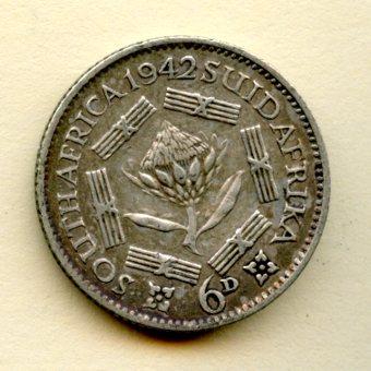 South Africa  Sixpence  Coin Dated 1942