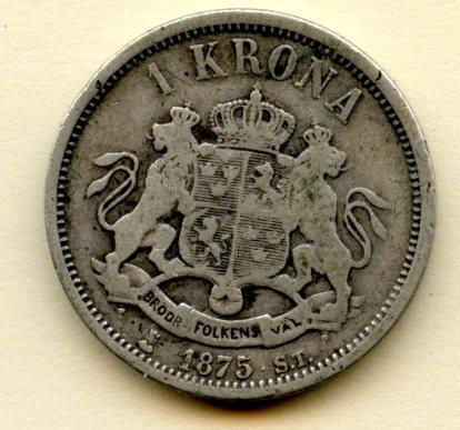 Sweden  1 Kronor  Coin Dated 1875
