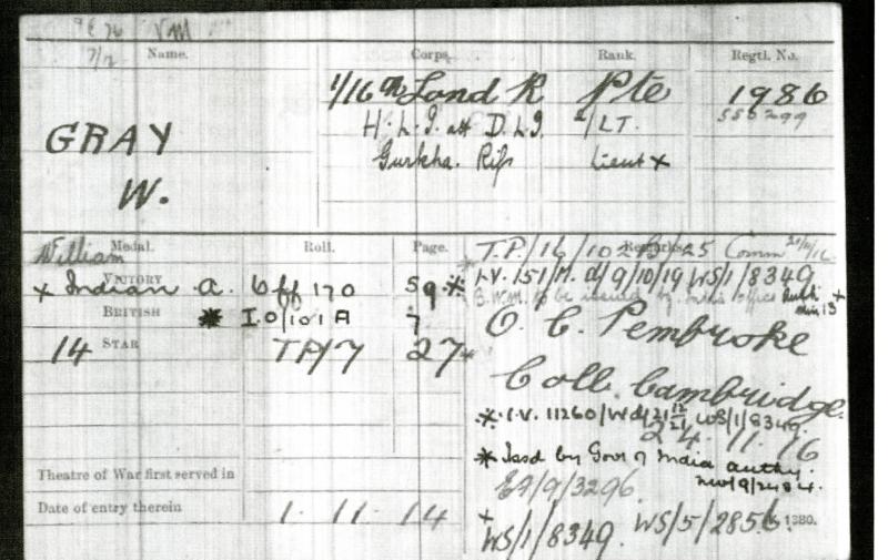 1914 Mons Trio & Defence Medal To Lieut William Gray, 1/16th London Regt; HLI & Gurkha Rifles