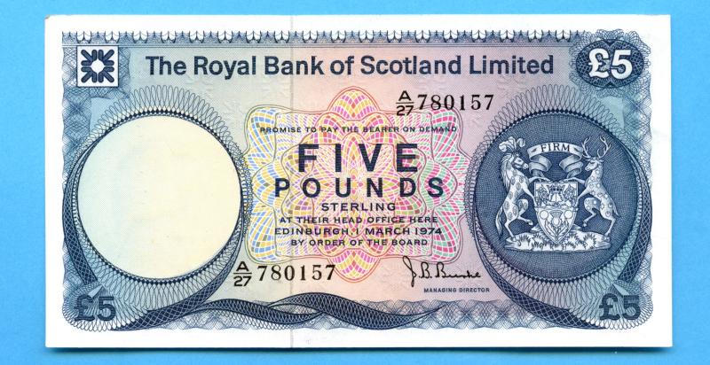Royal Bank Of Scotland £5 Five Pound Note Dated 1st March 1974