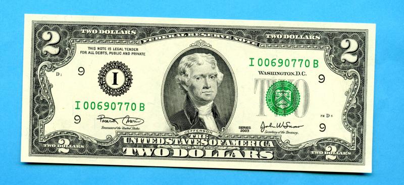 USA United States of America Uncirculated 2003 $2 Two Dollar Banknote