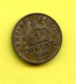 France 20 Centimes Coin Dated 1866a