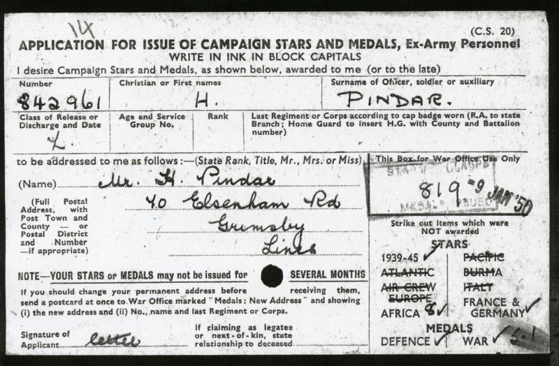General Service Medal 1918-62 : Palestine & WW2 Medal Group To Gnr H Pindar, R.A ( From Grimsby)