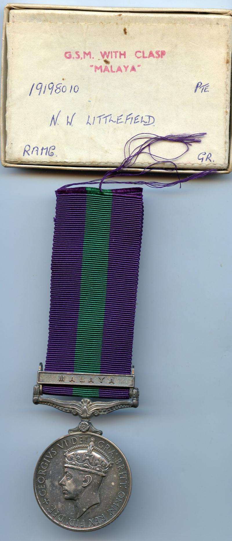 General Service Medal 1918-62 :  1 Clasp: Malaya To Pte N. W. Littlefield, R.A.M.C.