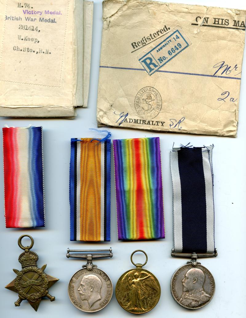WW1 Trio & Navy Long Service Medal Group To Chief Stoker William Keep, HMS Berwick