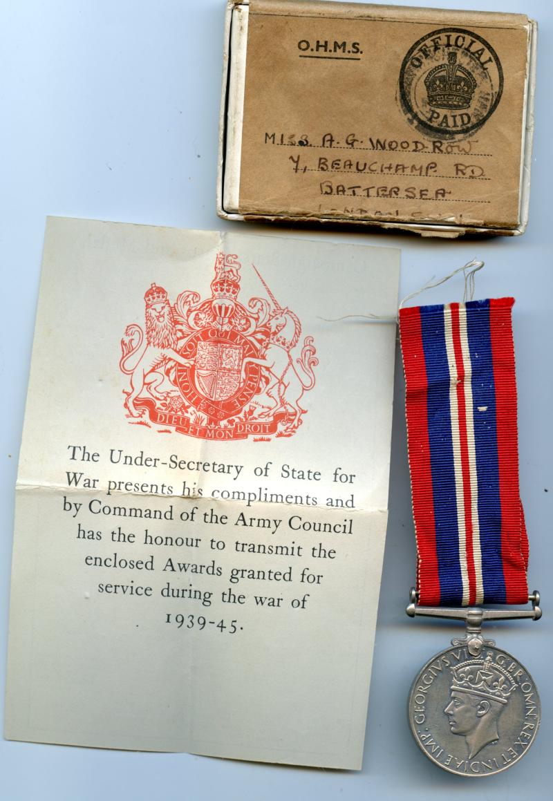 WW2  Boxed War Medal 1939-45 To Miss A. G. Woodrow, ATS Auxiliary Territorial Service