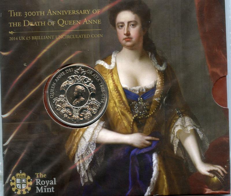 UK 2014 300th Anniversary of the Death Of Queen Anne Brilliant Uncirculated £5 Coin