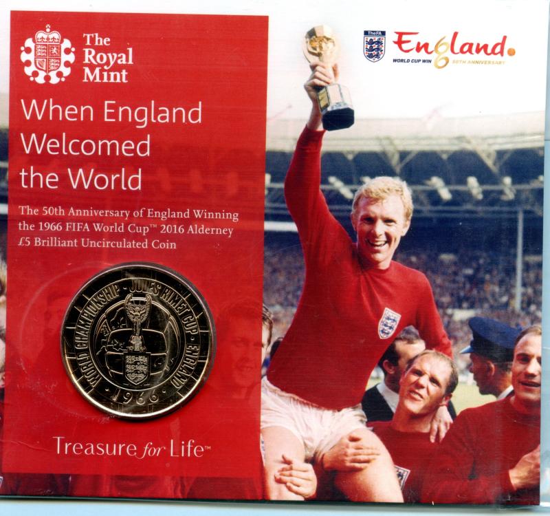 Alderney 2014 50th Anniversary England Winning World Cup Brilliant Uncirculated £5 Coin