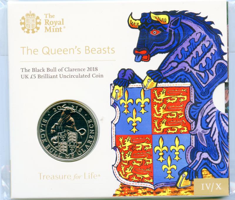 UK Royal Mint 2018 The Queen's Beasts The Black Bull of Clarence Brilliant Uncirculated £5 Coin