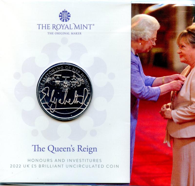 UK Royal Mint 2022 The Queen's Reign Honours and Inventitures Brilliant Uncirculated £5 Coin