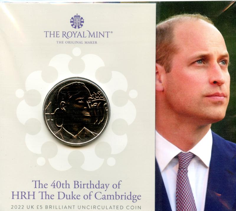 UK Royal Mint 2022 The 40th Birthday of Duke of Cambridge Brilliant Uncirculated £5 Coin
