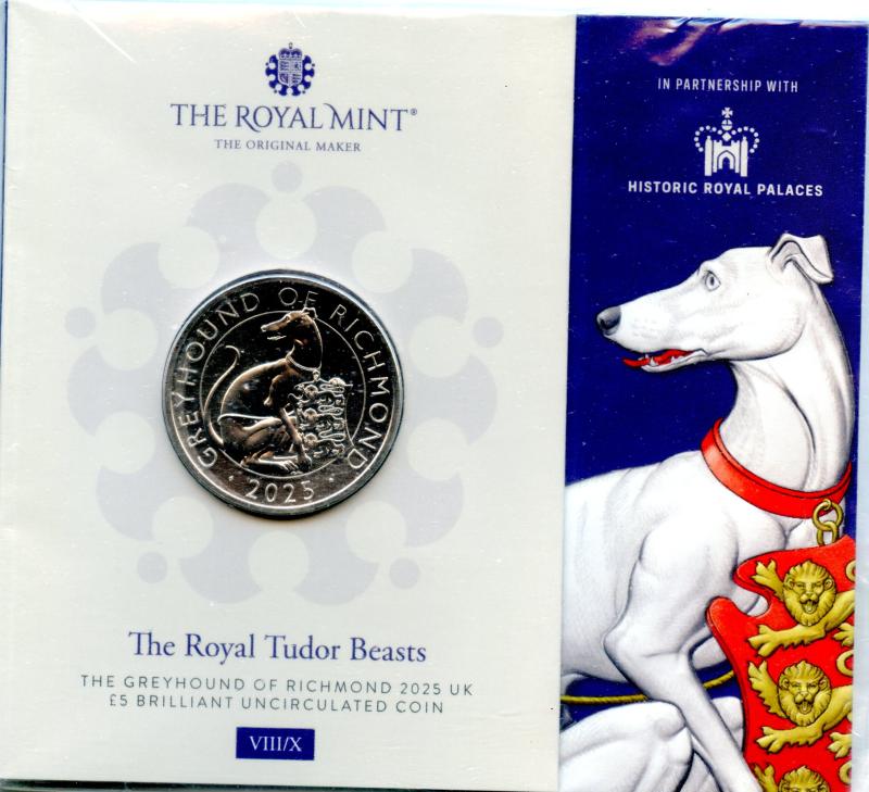 UK Royal Mint 2025 The Royal Tudor Beasts The Greyhound of Richmond Brilliant Uncirculated £5 Coin