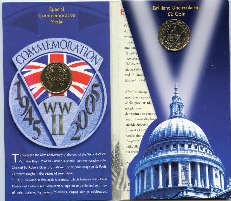 UK 2005 60th Anniversary of WW2 Brilliant Uncirculated  £2 Pound Coin with Special Commemorative Medal