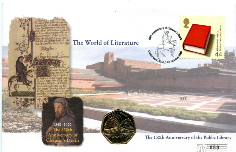 2000 Public Libraries Brilliant uncirculated commemorative Fifty pence coin with First Day Cover