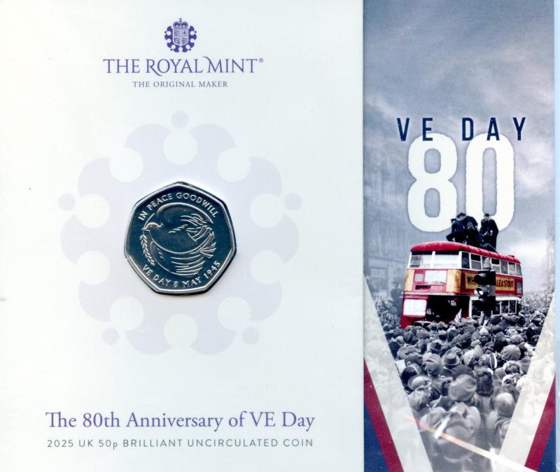 UK Royal Mint 2025 The 80th Anniversary of VE Day Brilliant Uncirculated 50 Pence Coin