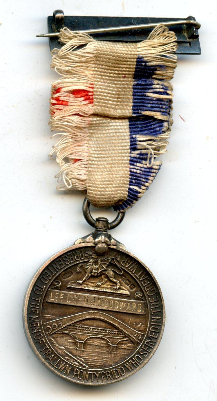 WW1 Silver Trallwn, Pontypridd Great War Tribute Medal, To L/Cpl Benjamin J Woodward, Royal Welsh Fusiliers