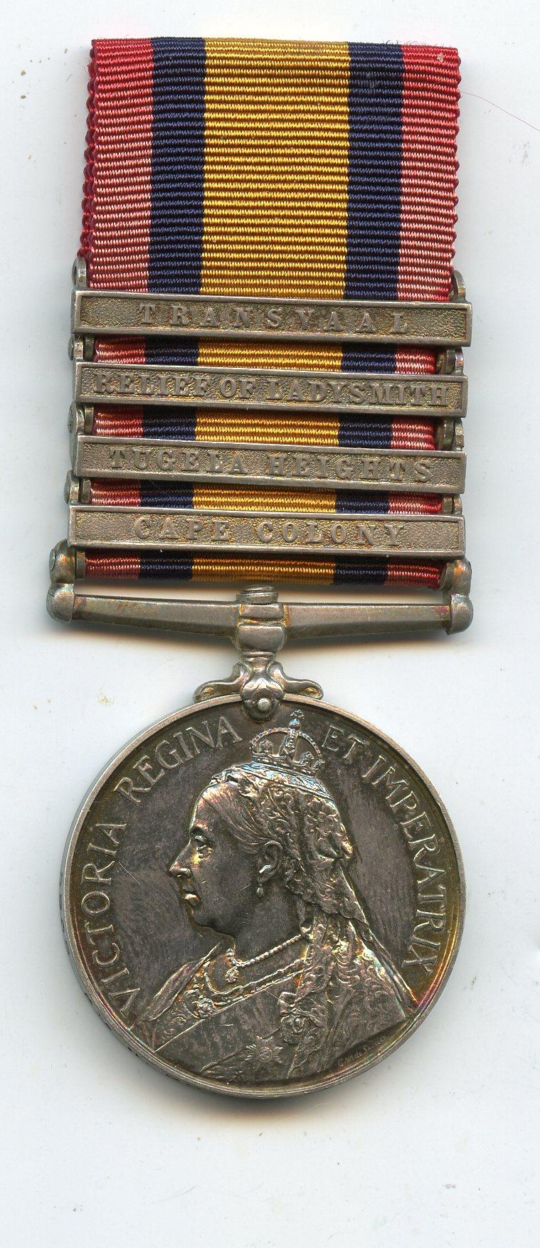 Queens South Africa Medal 1899-1902 4 Clasps To Pte W Boyle, Royal Scots Fusiliers