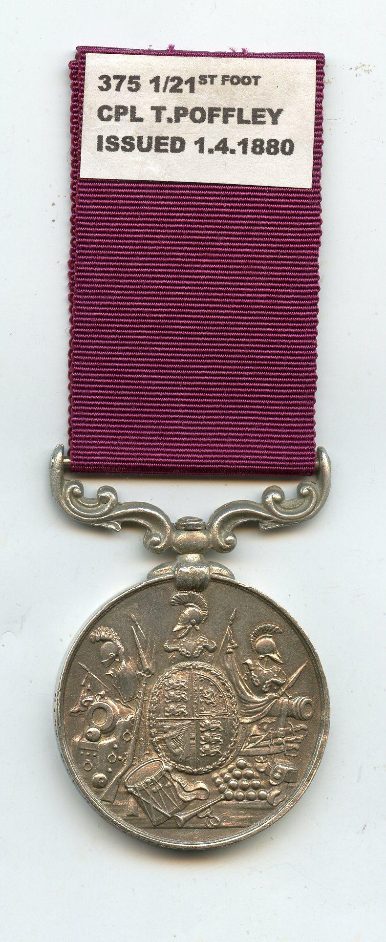 Army Long Service & Good Conduct Medal Victoria ; Pte Thomas Poffley,  1/21st Foot Royal Scots Fusiliers