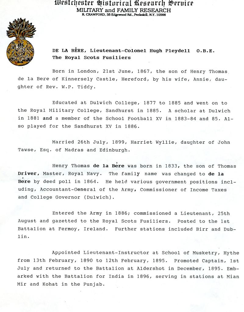 India General Service 1895-1902, 3 clasps To Captain Lt- Col Hugh Pleydell De La Bere, O.B.E. Royal Scots Fusiliers