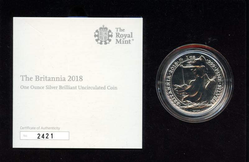 U.K. 2018 Royal Mint  Brilliant Uncirculated Silver  One Ounce Britannia Coin
