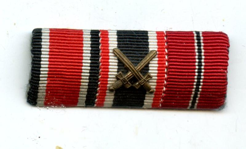 WW2 German Ribbon Bar 3 Medals Iron Cross; Merit Medal with swords; Eastern Front Medal