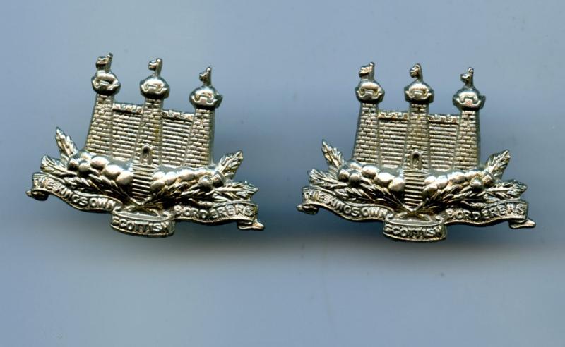 Pair of King's Own Scottish Borderers White Metal collar Badges