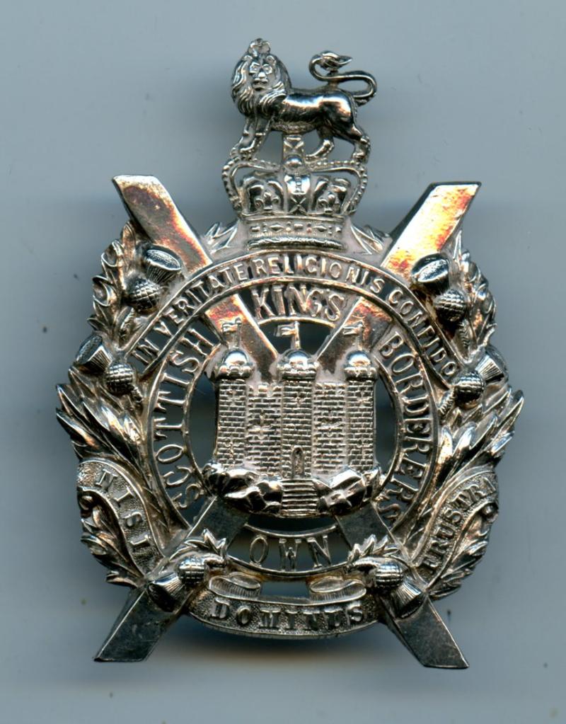 King's Own Scottish Borderers KOSB Officers Silver Queens Crown fretted Cap Badge