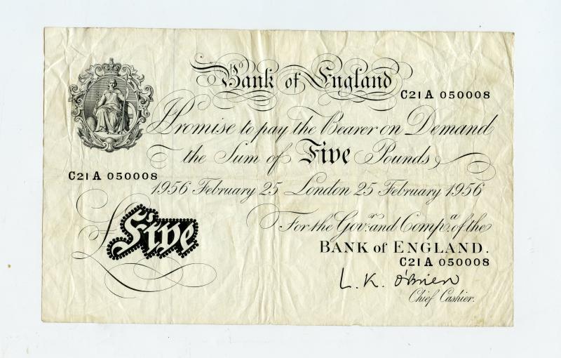 Bank of England White £5 Note Dated 25th February 1956