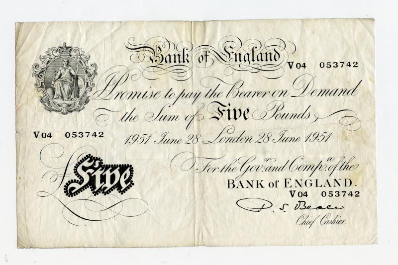 Bank of England White £5 Note Dated 28th June 1951