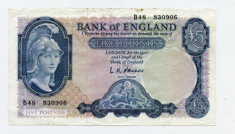 Bank of England £5 Five Pound Note   February 1957