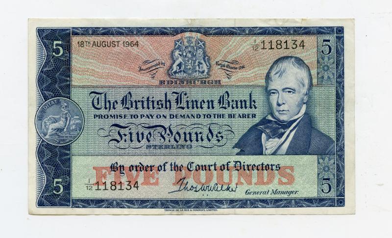 British Linen Bank Five Pounds Banknote Dated 18th August 1964