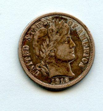 U.S.A United States of America  Barber Silver Dime 10 Cents Coin  Dated 1916