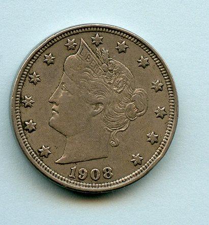 United States of America. U.S.A Nickel Five Cents Coin Dated 1908