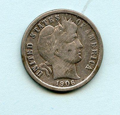 U.S.A. United States of America  Barber Silver Dime 10 Cents Coin  Dated 1906