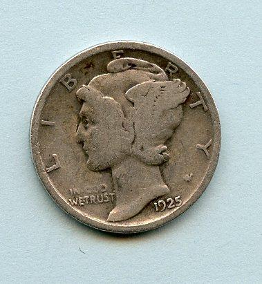 U.S.A. United States of America Mercury Silver Dime 10 Cents Coin Dated 1925