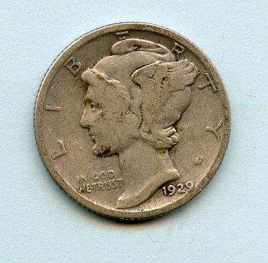 U.S.A. United States of America Mercury Silver Dime 10 Cents Coin Dated 1929