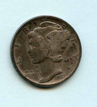 U.S.A. United States of America Mercury Silver Dime 10 Cents Coin Dated 1937S