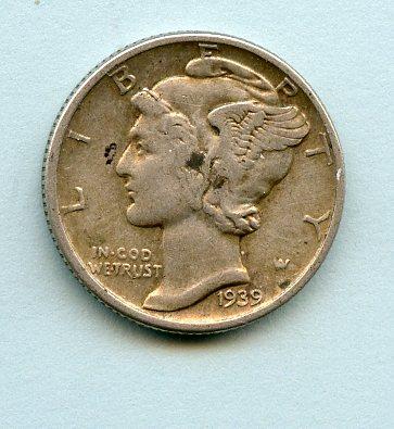 U.S.A. United States of America Mercury Silver Dime 10 Cents Coin Dated 1939