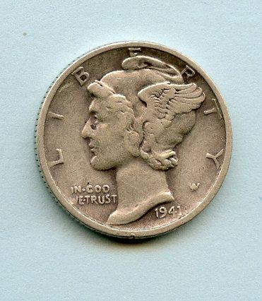 U.S.A. United States of America Mercury Silver Dime 10 Cents Coin Dated 1941
