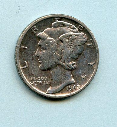 U.S.A. United States of America Mercury Silver Dime 10 Cents Coin Dated 1942