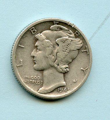 U.S.A. United States of America Mercury Silver Dime 10 Cents Coin Dated 1943