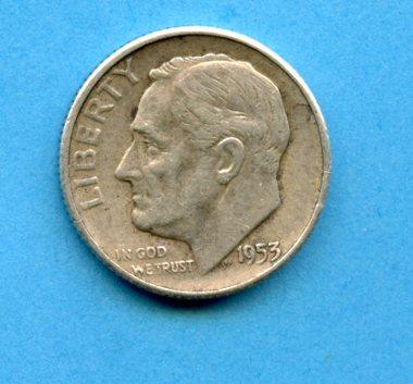 U.S.A. United States of America Silver Dime 10 Cents Coin Dated 1953